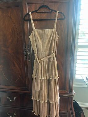 Tiered Gold Pleated Maxi Dress with Waist Tie